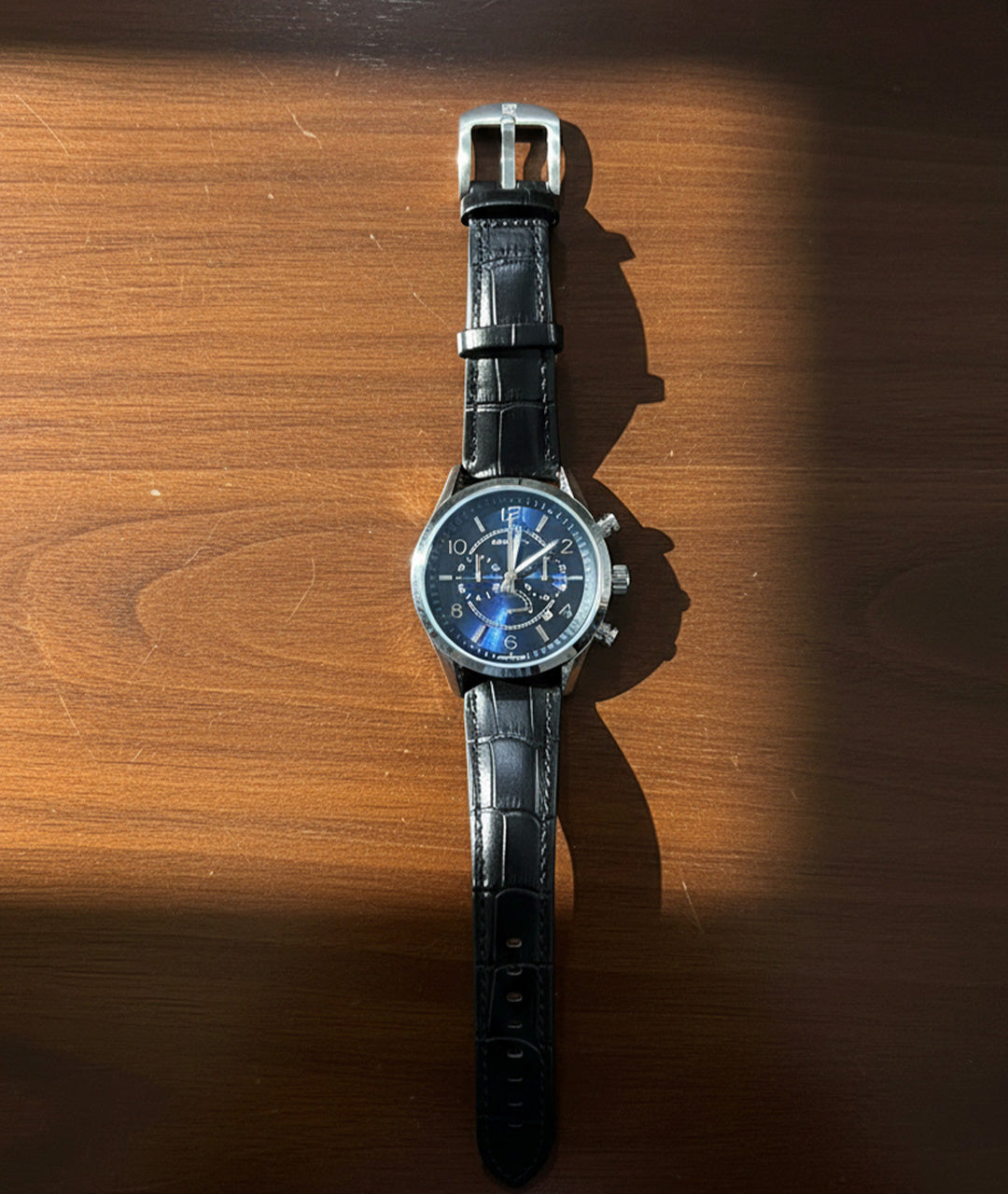 Men's Blue Dial Black Leather Chronograph Watch