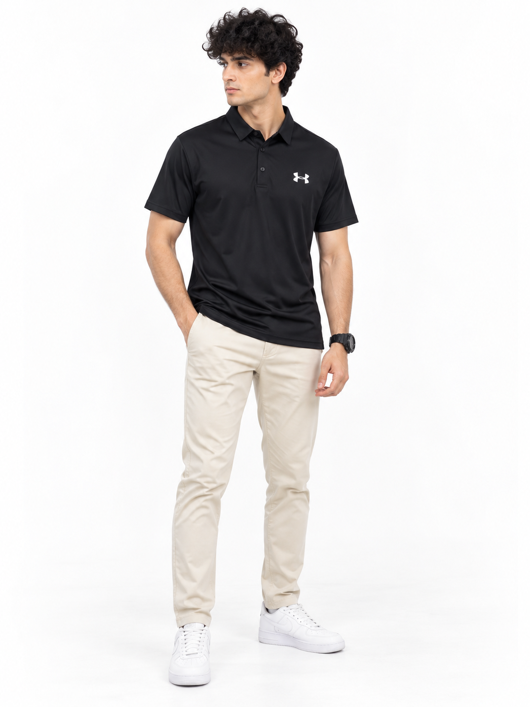 Black dry-fit button placket athletic polo shirt