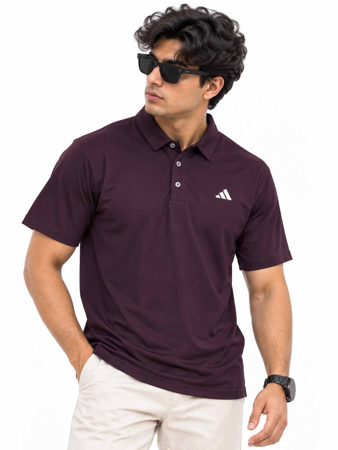 Deep maroon dry-fit button placket athletic polo shirt