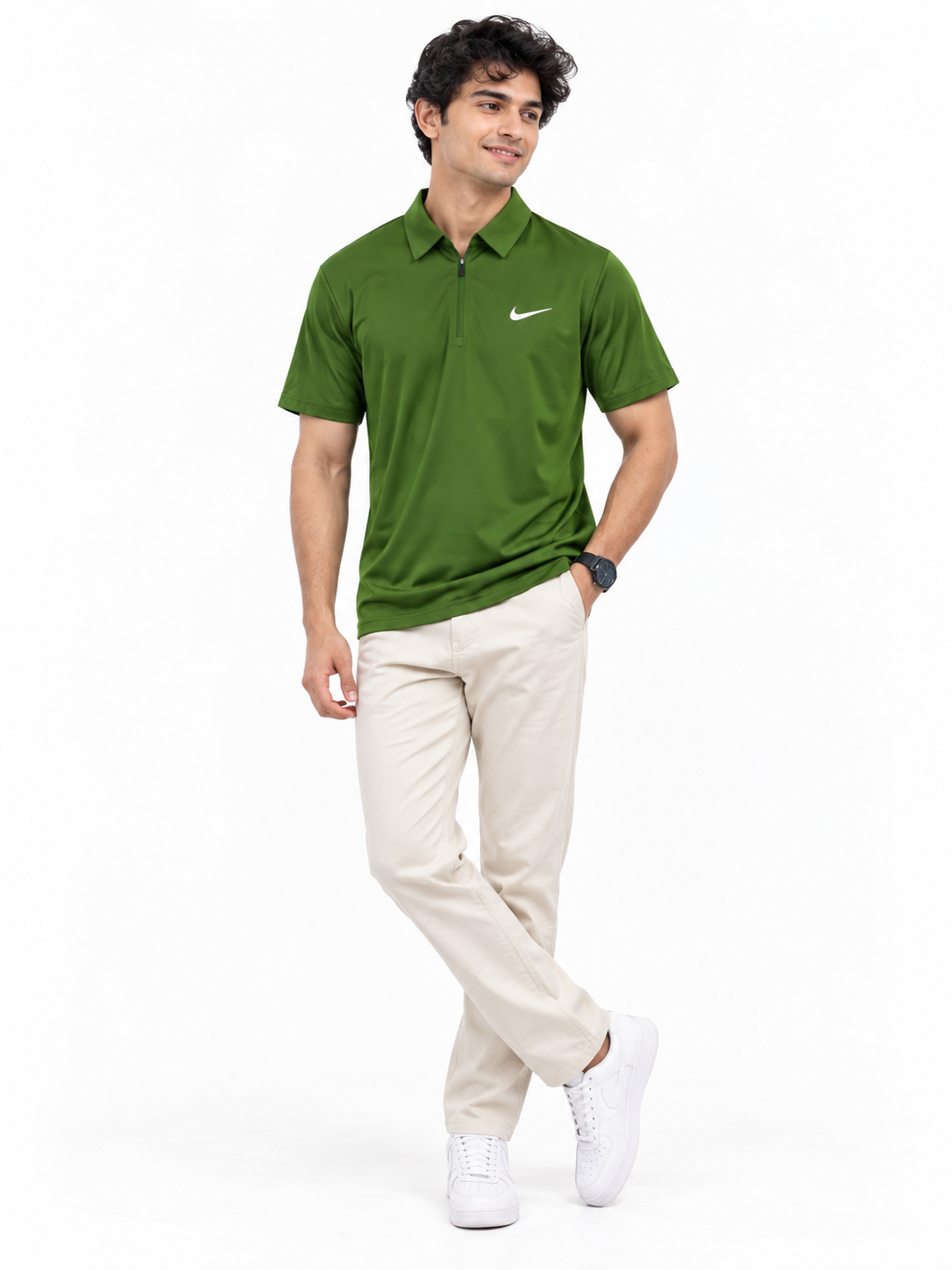 Olive green zip-neck dry-fit athletic polo shirt