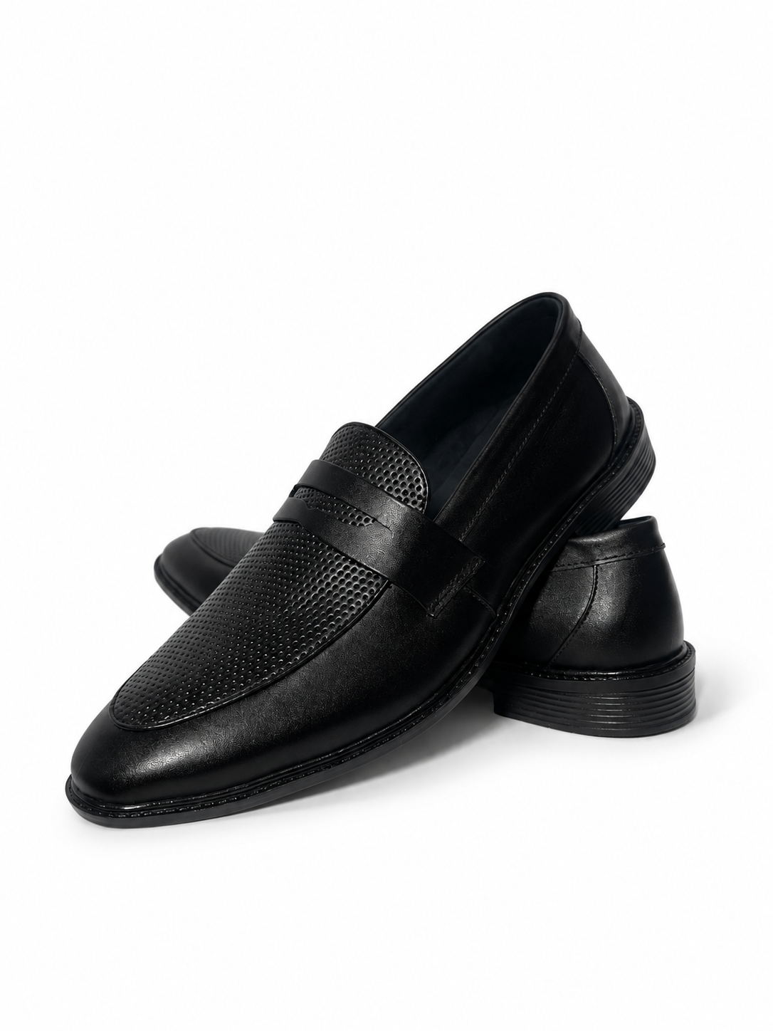 Premium black perforated leather penny loafers