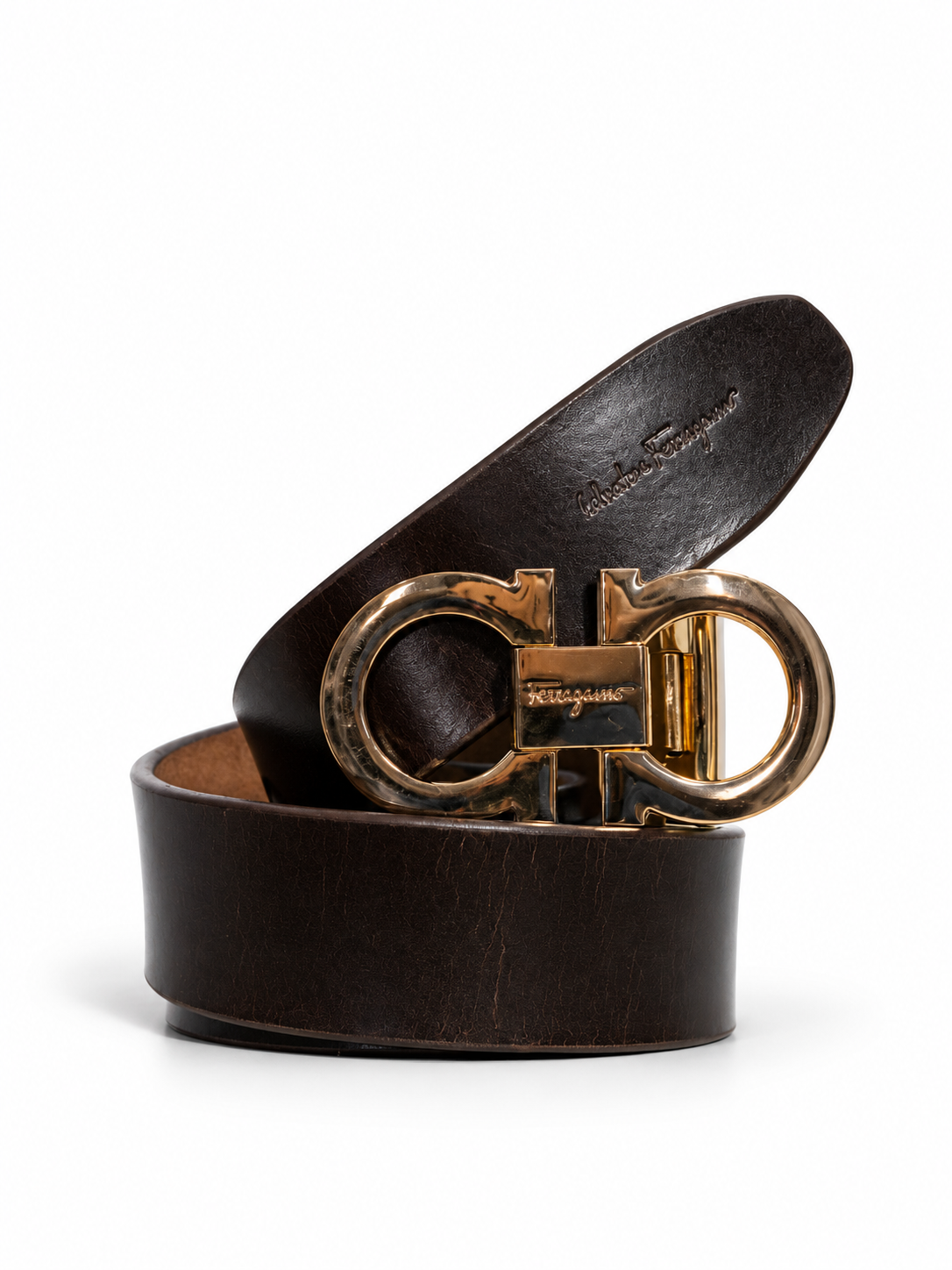 Dark brown leather gold buckle adjustable belt