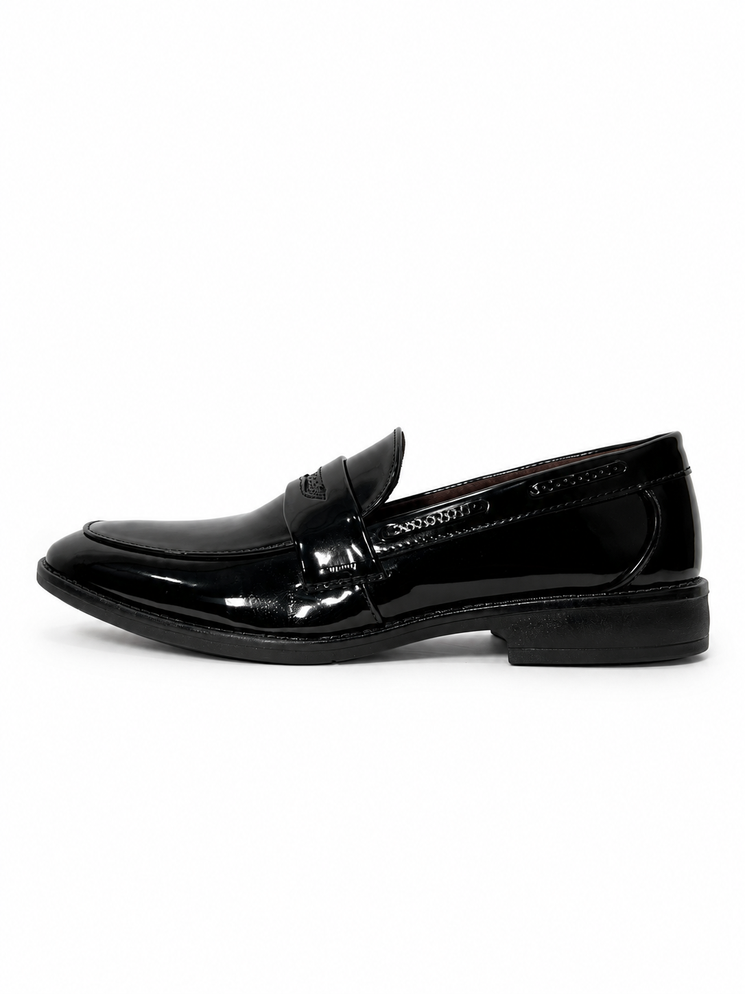 Black patent leather textured strap penny loafers