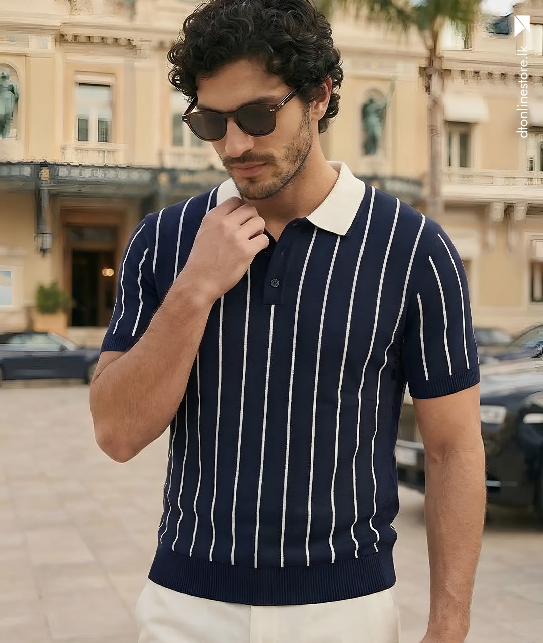 Navy Pinstripe Knit Polo