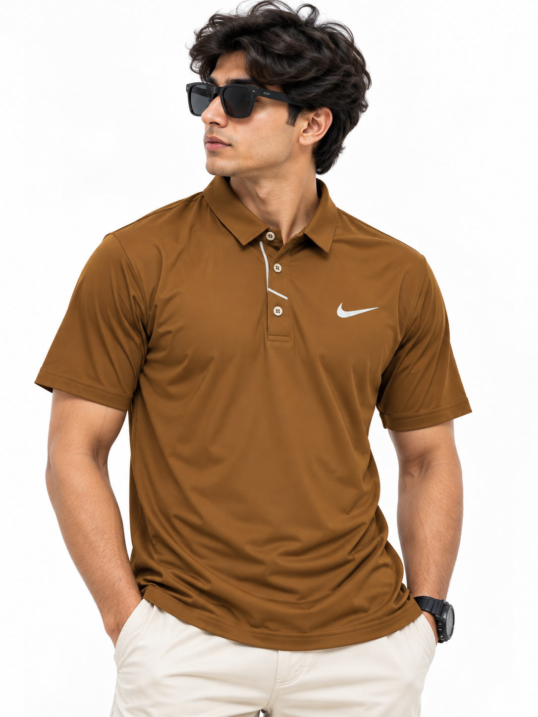 Brown contrast trim dry-fit athletic polo shirt