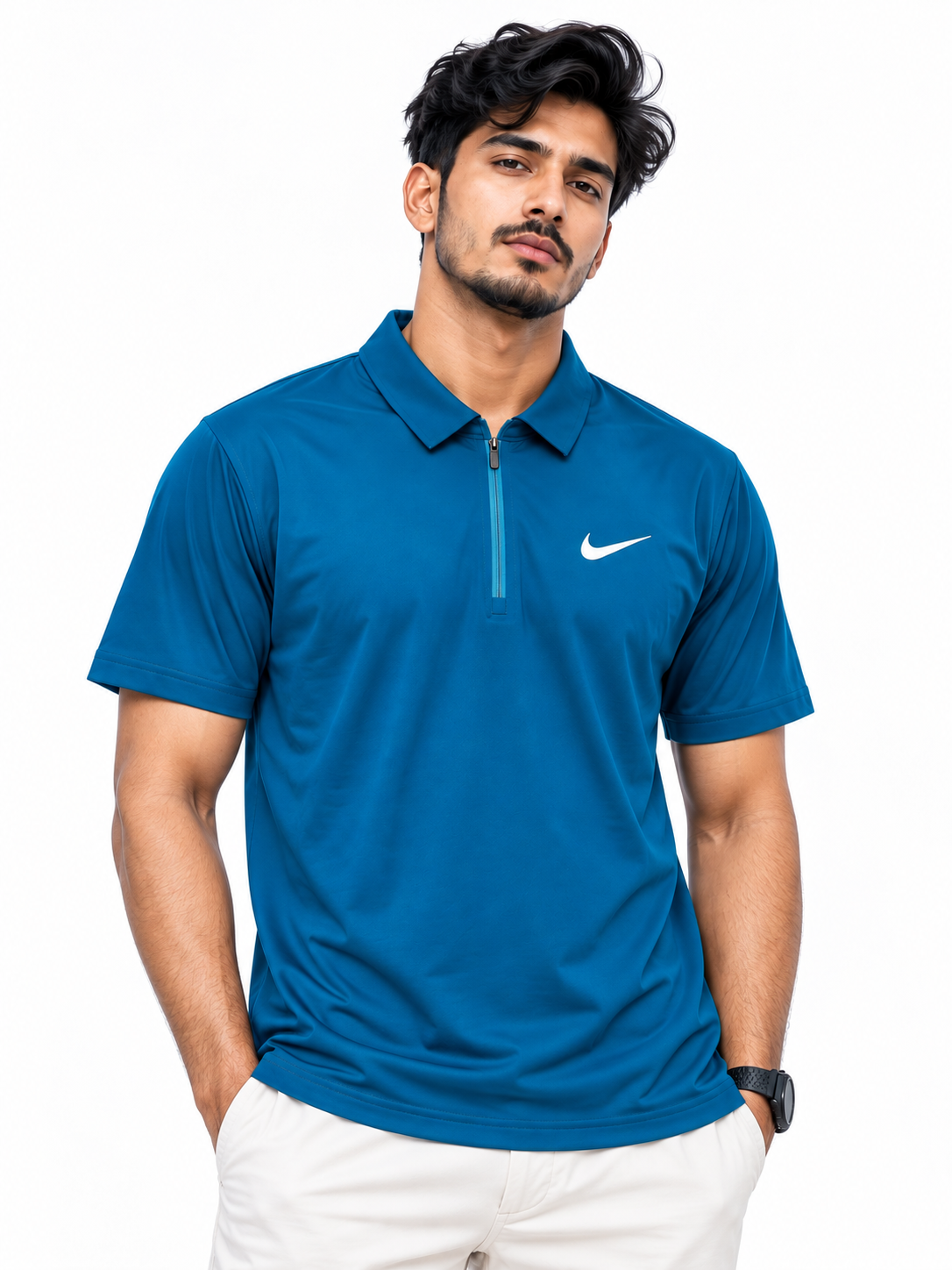 Teal blue zip-neck dry-fit athletic polo shirt