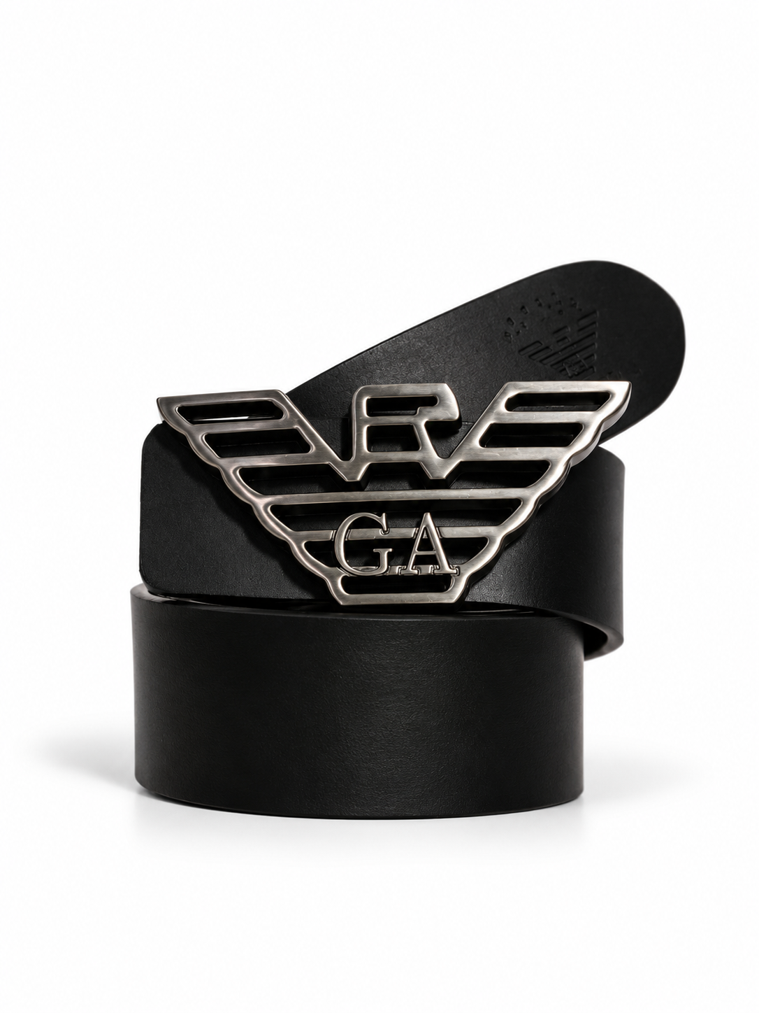 Black leather eagle logo buckle adjustable belt