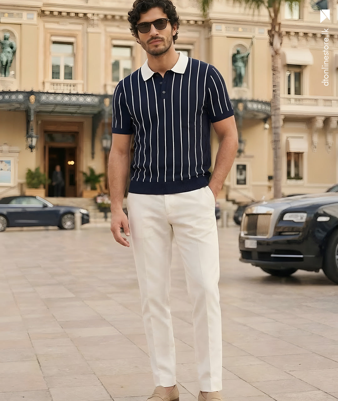 Navy Pinstripe Knit Polo