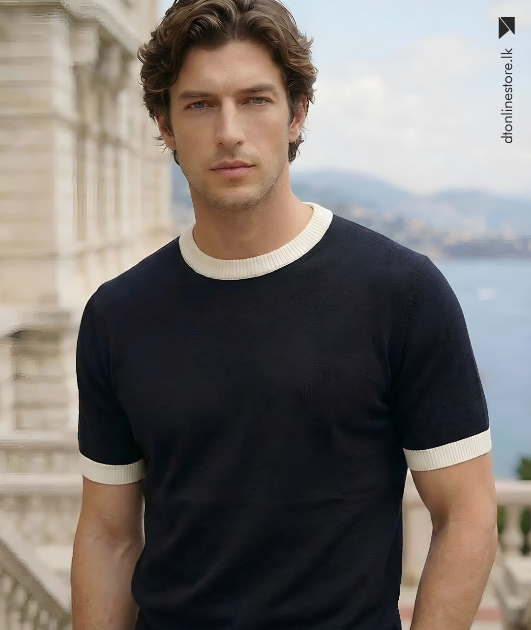 Navy Contrast Knit T-Shirt