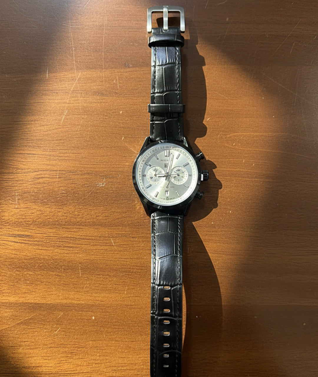 Men's Silver Dial Black Leather Chronograph Watch