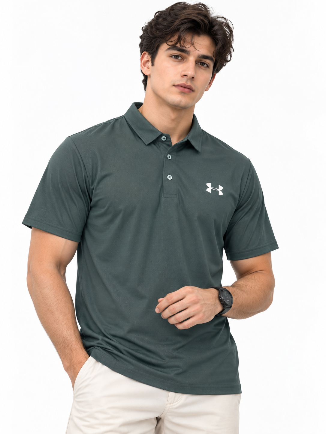 Dark olive green dry-fit button placket athletic polo shirt