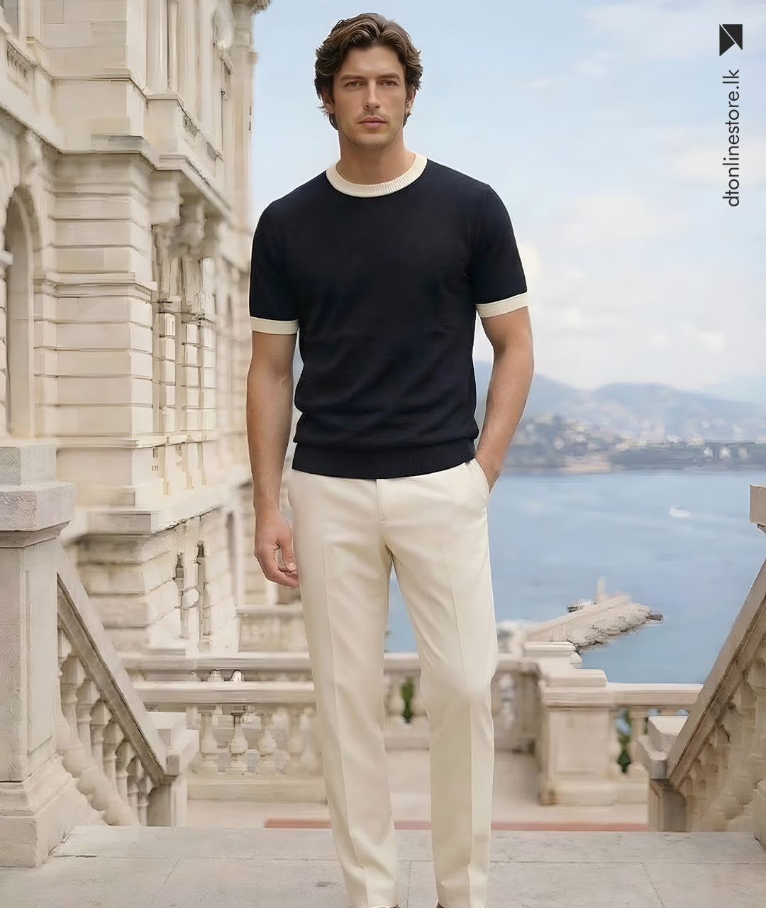 Navy Contrast Knit T-Shirt