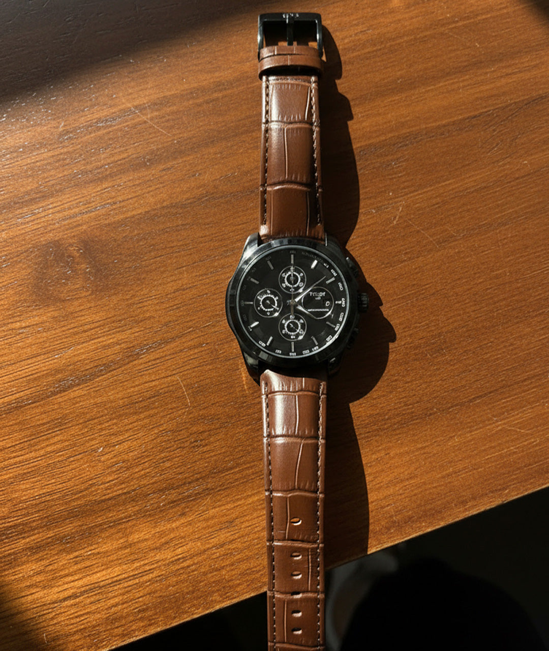 Men's Black Dial Brown Leather Chronograph Watch