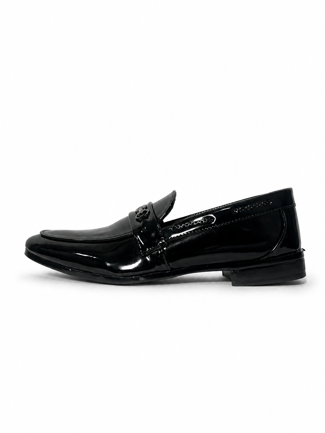 Black patent leather chain detail slip on loafers
