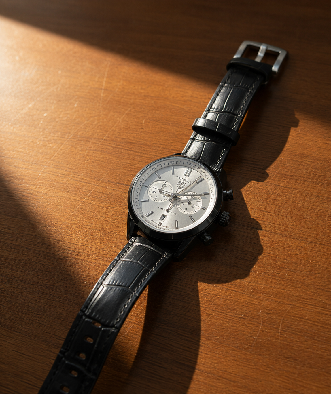 Men's Silver Dial Black Leather Chronograph Watch