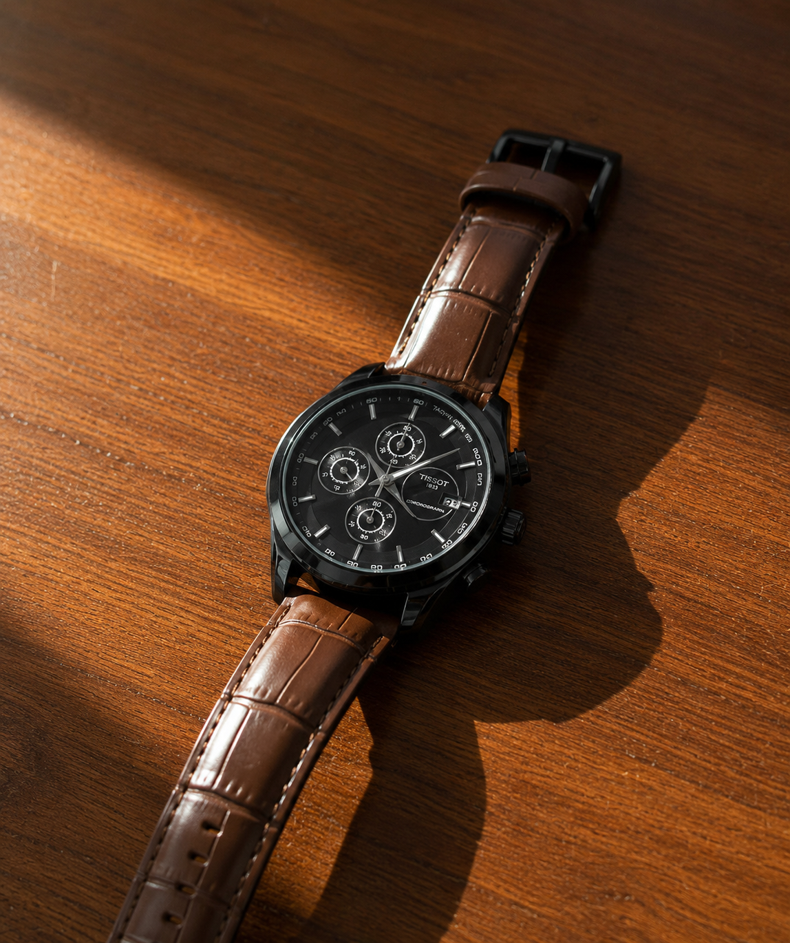 Men's Black Dial Brown Leather Chronograph Watch