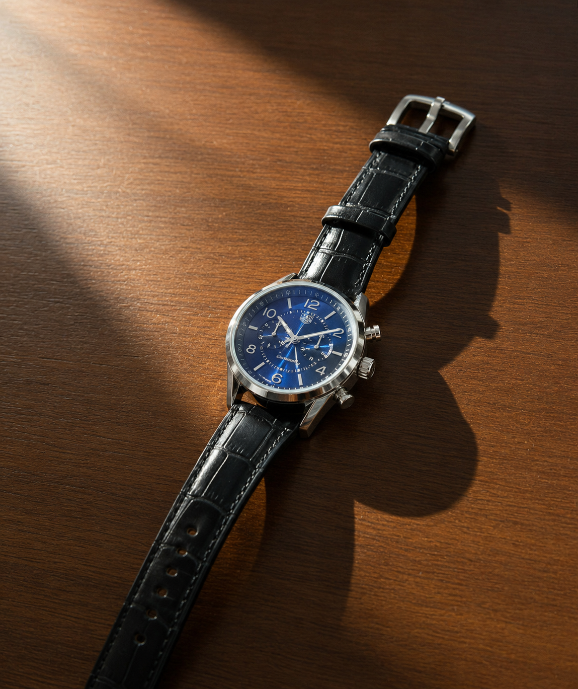 Men's Blue Dial Black Leather Chronograph Watch