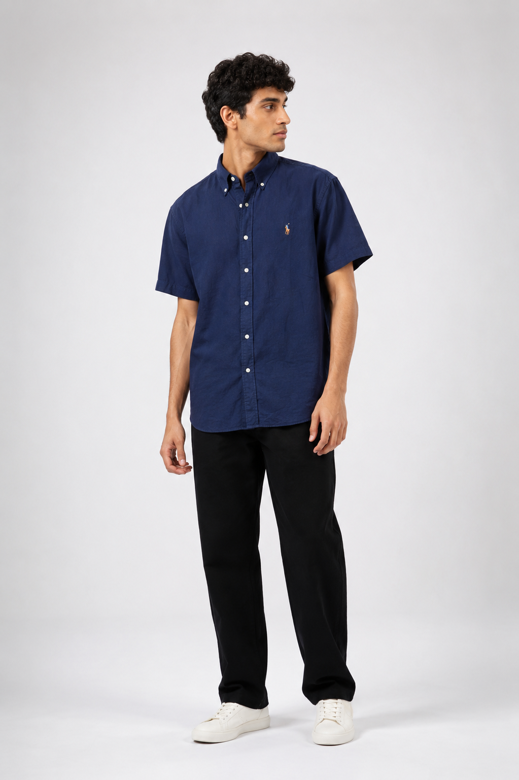 Men's Short-Sleeve Button-Down Navy Blue Shirt
