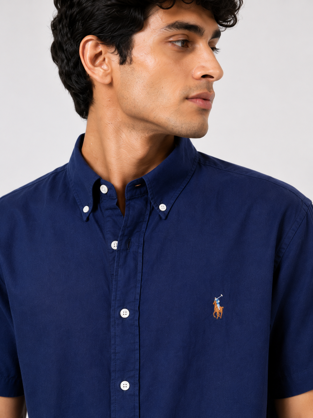 Men's Short-Sleeve Button-Down Navy Blue Shirt