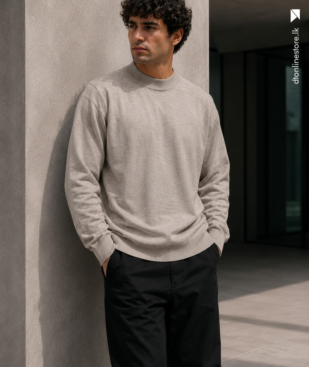 Men's Light Oatmeal Beige Mock-Neck Knit Sweater