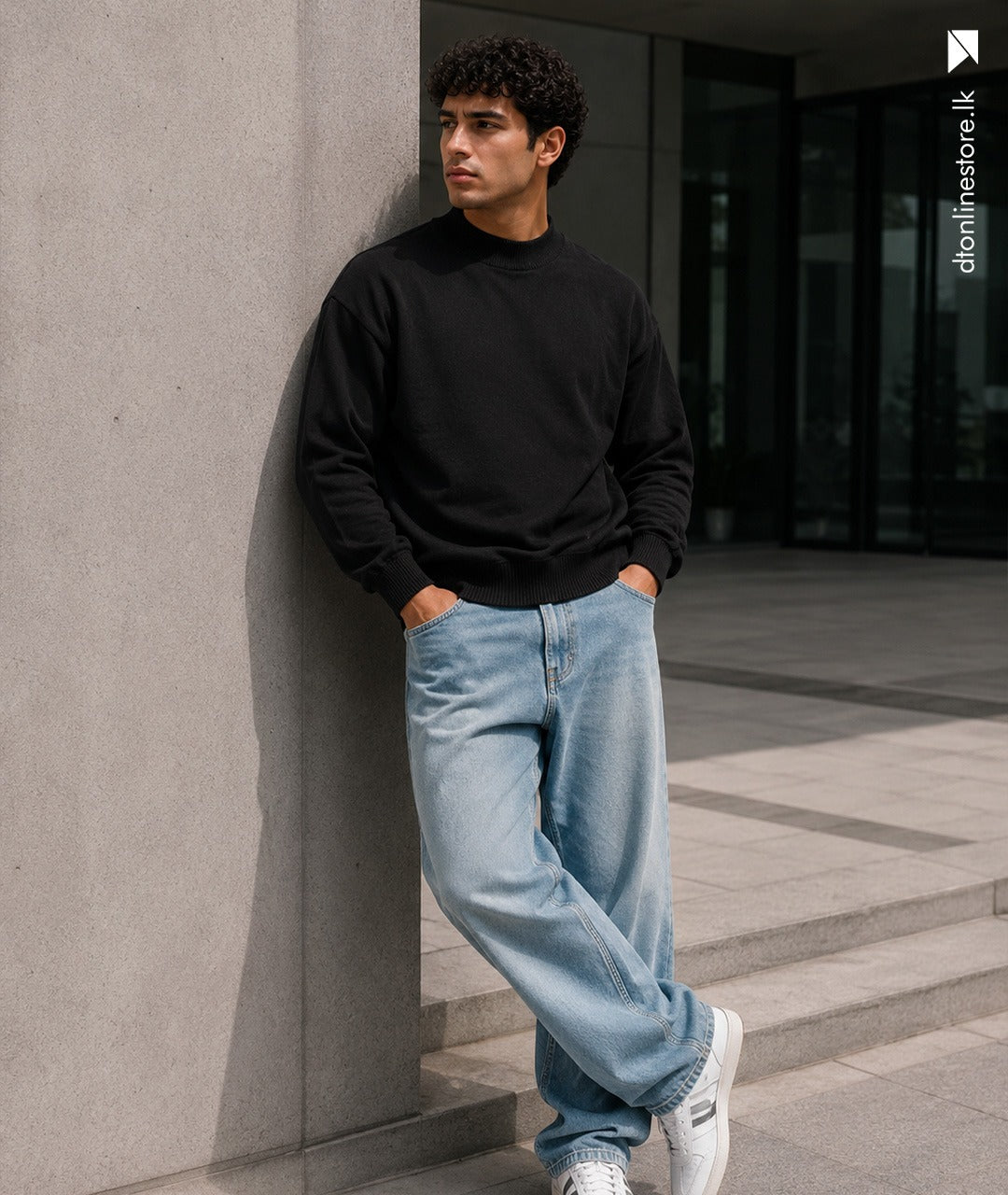 Men's Oversized Black Mock-Neck Sweatshirt