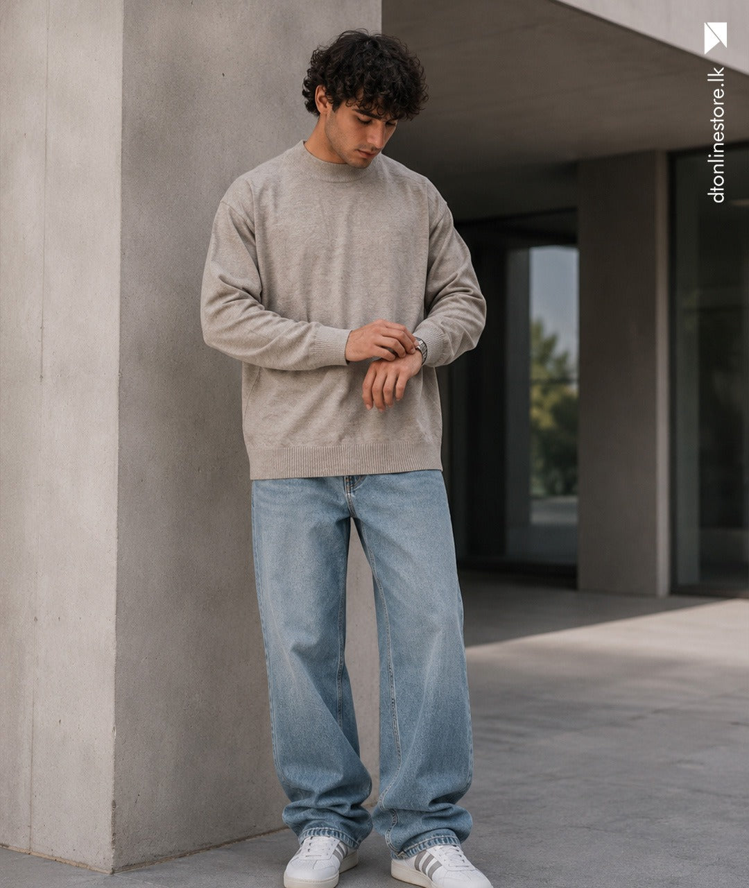 Men's Light Oatmeal Beige Mock-Neck Knit Sweater