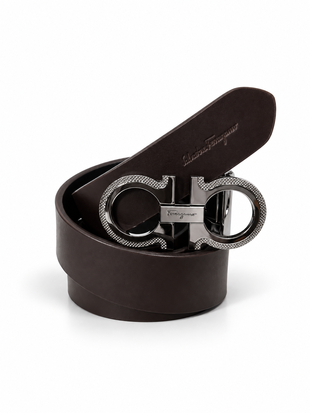 Premium dark brown leather double buckle adjustable belt