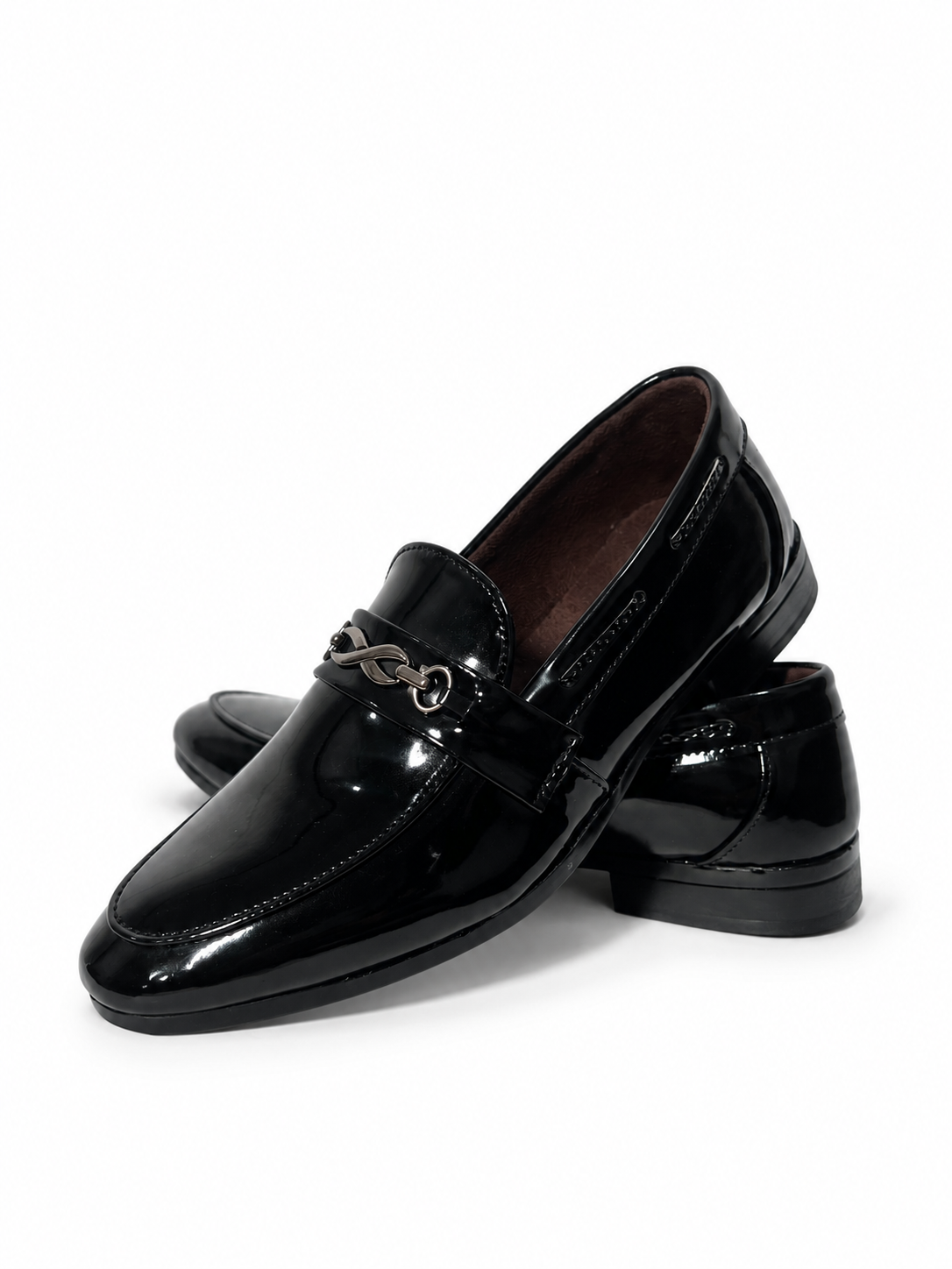 Black patent leather chain detail slip on loafers