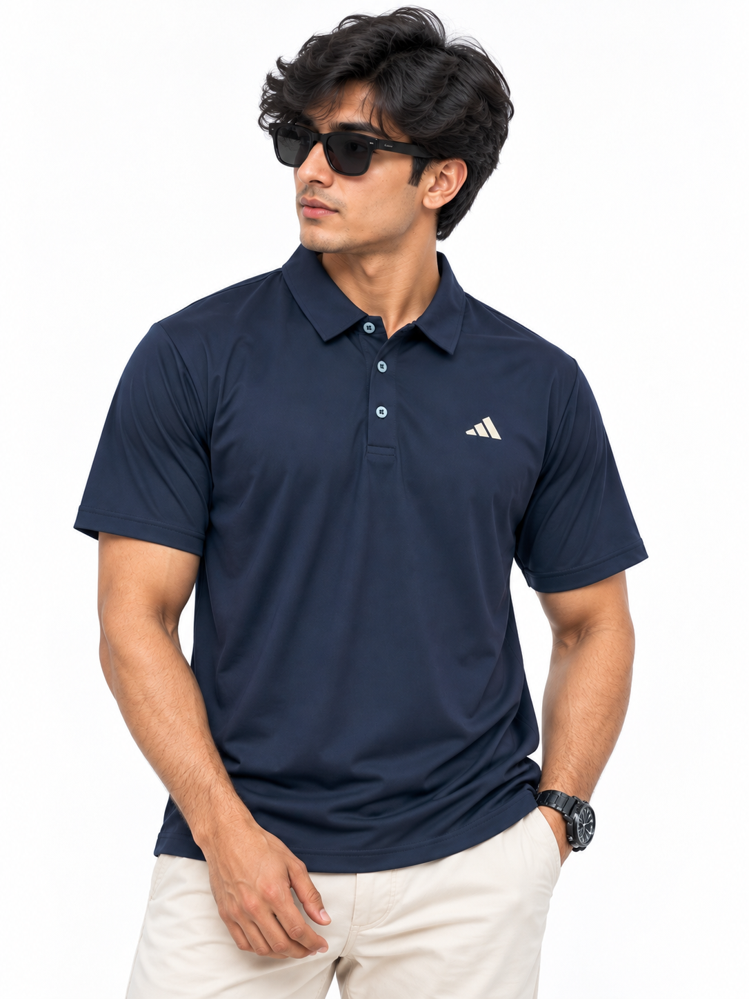 Dark navy blue dry-fit button placket athletic polo shirt