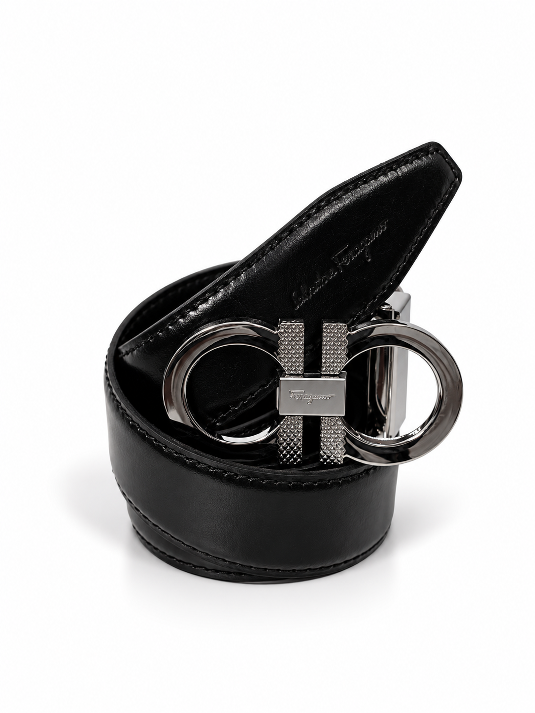 premium black leather silver double buckle adjustable belt