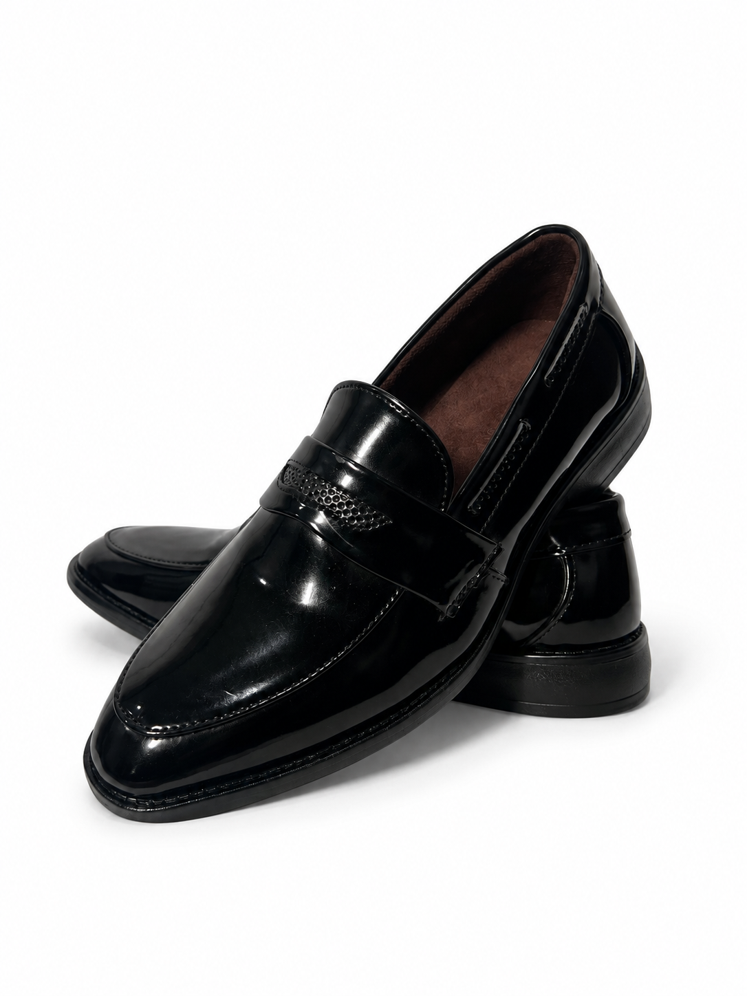 Black patent leather textured strap penny loafers