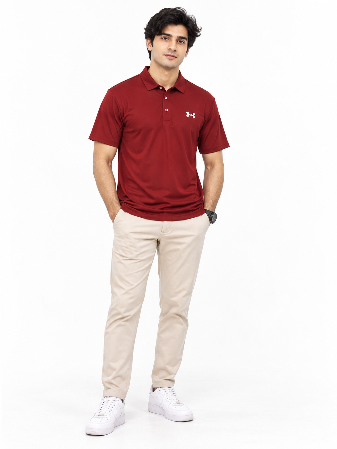 Red dry-fit button placket athletic polo shirt