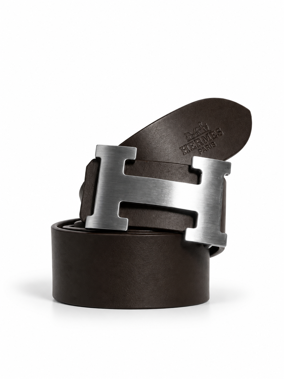 Dark brown leather H buckle adjustable belt