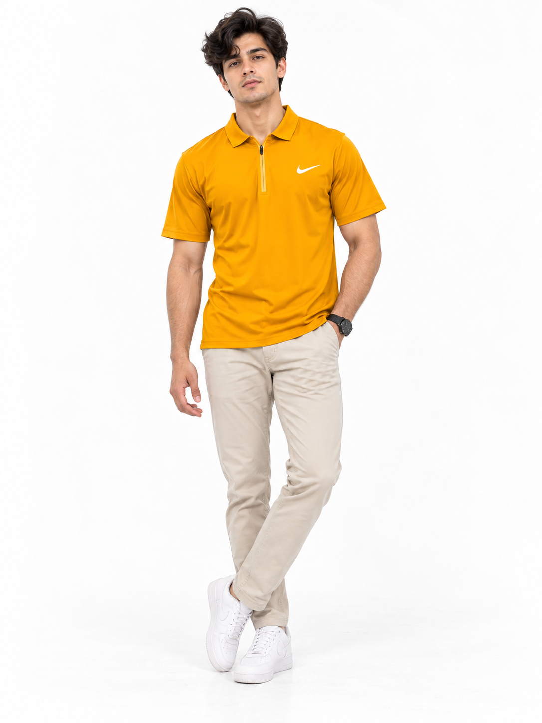 Mustard yellow zip-neck dry-fit athletic polo shirt