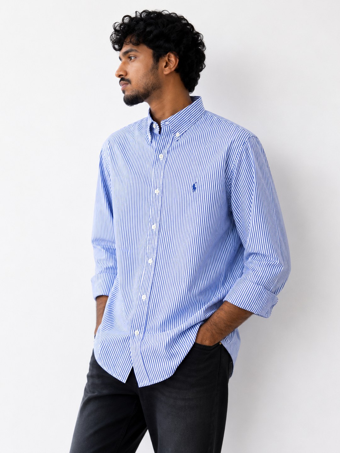 Blue & White Vertical Stripe Oxford Shirt